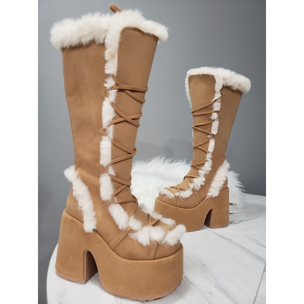 SIZE 8 DEMONIA CUBBY 311 Camel Platform Lace Up Fur Trim Mid Calf Boots RAVE